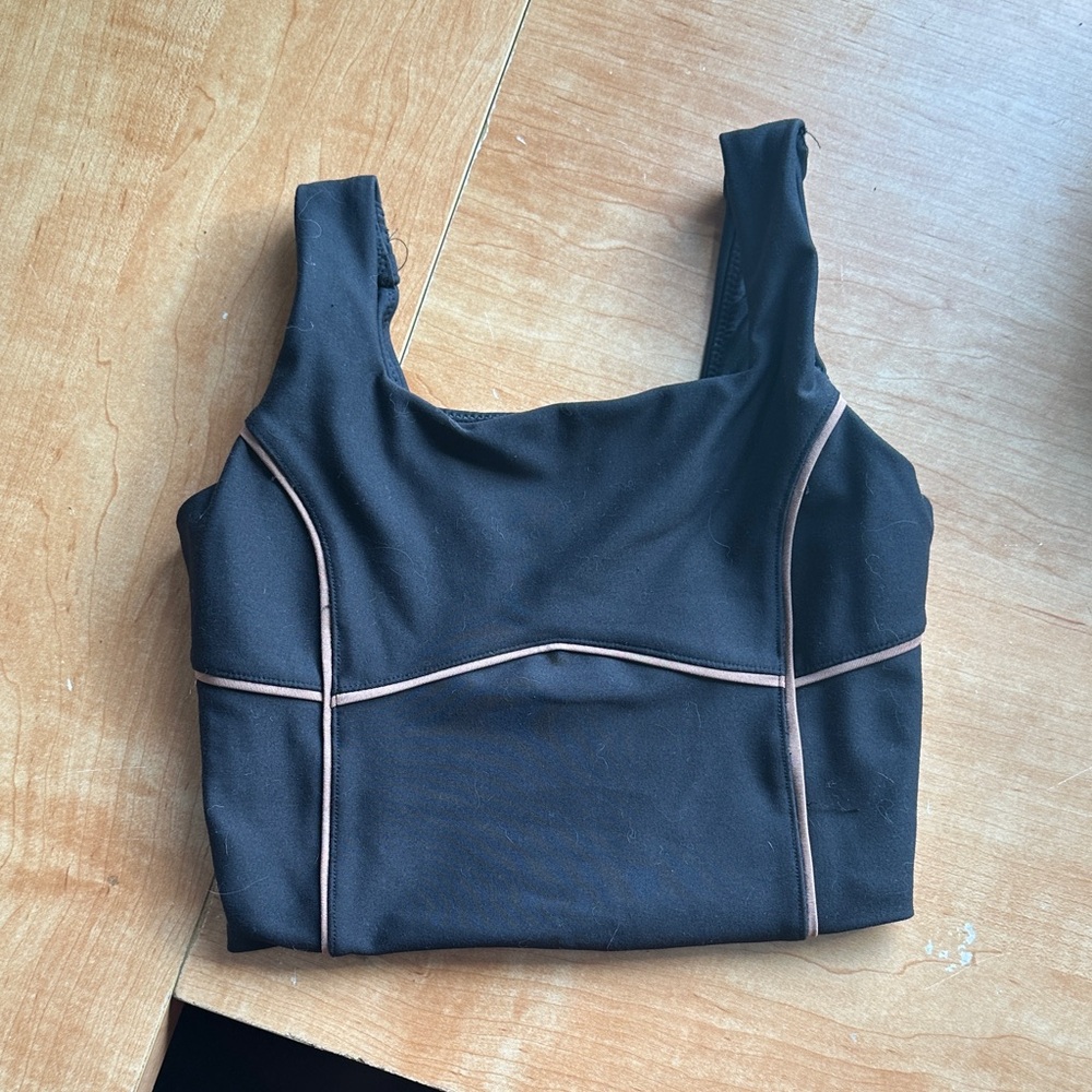 Abercrombie and fitch YPB line Black crop top/ sports bra with Brown Trim